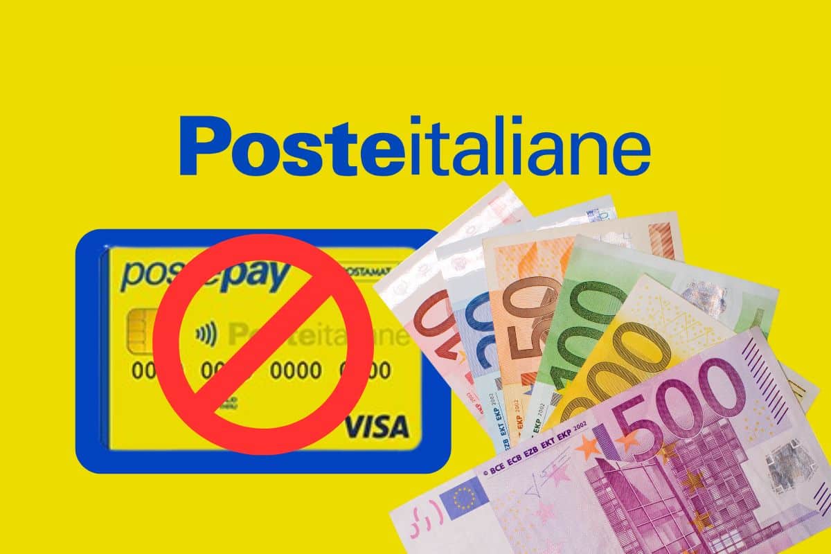 Scritta Poste Italiane con Postepay con simbolo blocco e banconote euro