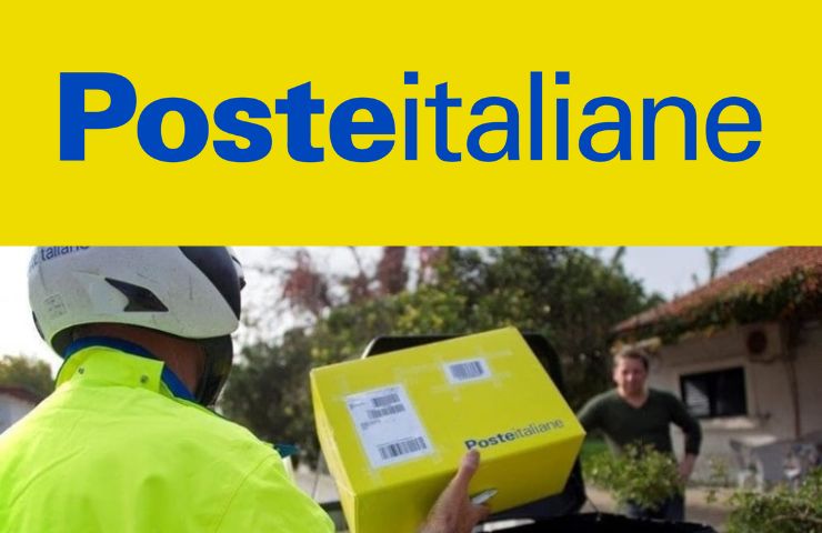 Scritta PosteItaliane con postino che consegna un pacco 