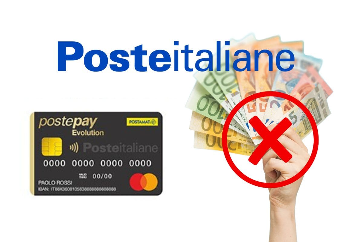 scritta Posteitaliane, carta Postepay e mano con banconote euro e una x sopra