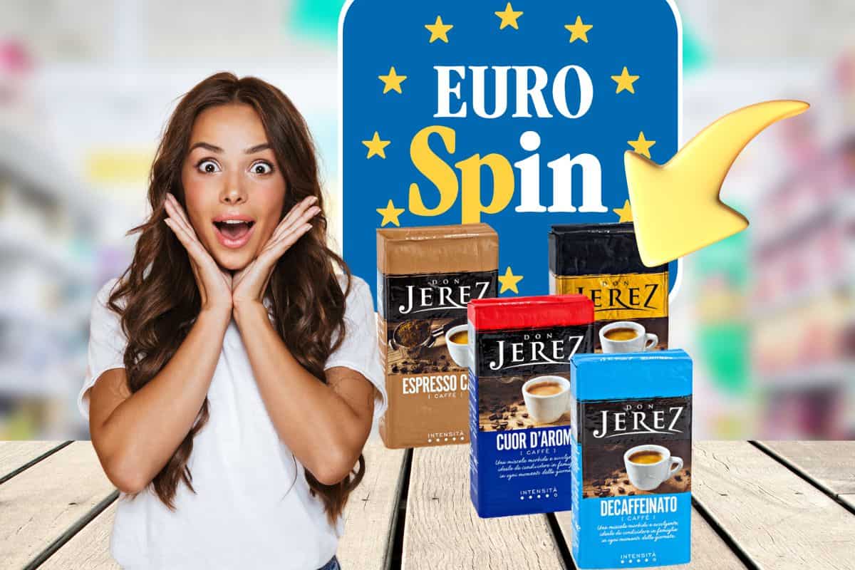 logo Eurospin con pacchetti di caffè don jerez e donna scioccata in positivo