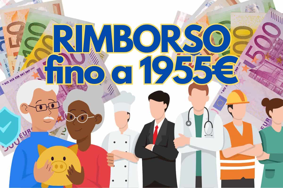 immagine stilizzata di lavoratori e pensionati con scritta "RIMBORSO fino a 1955€"