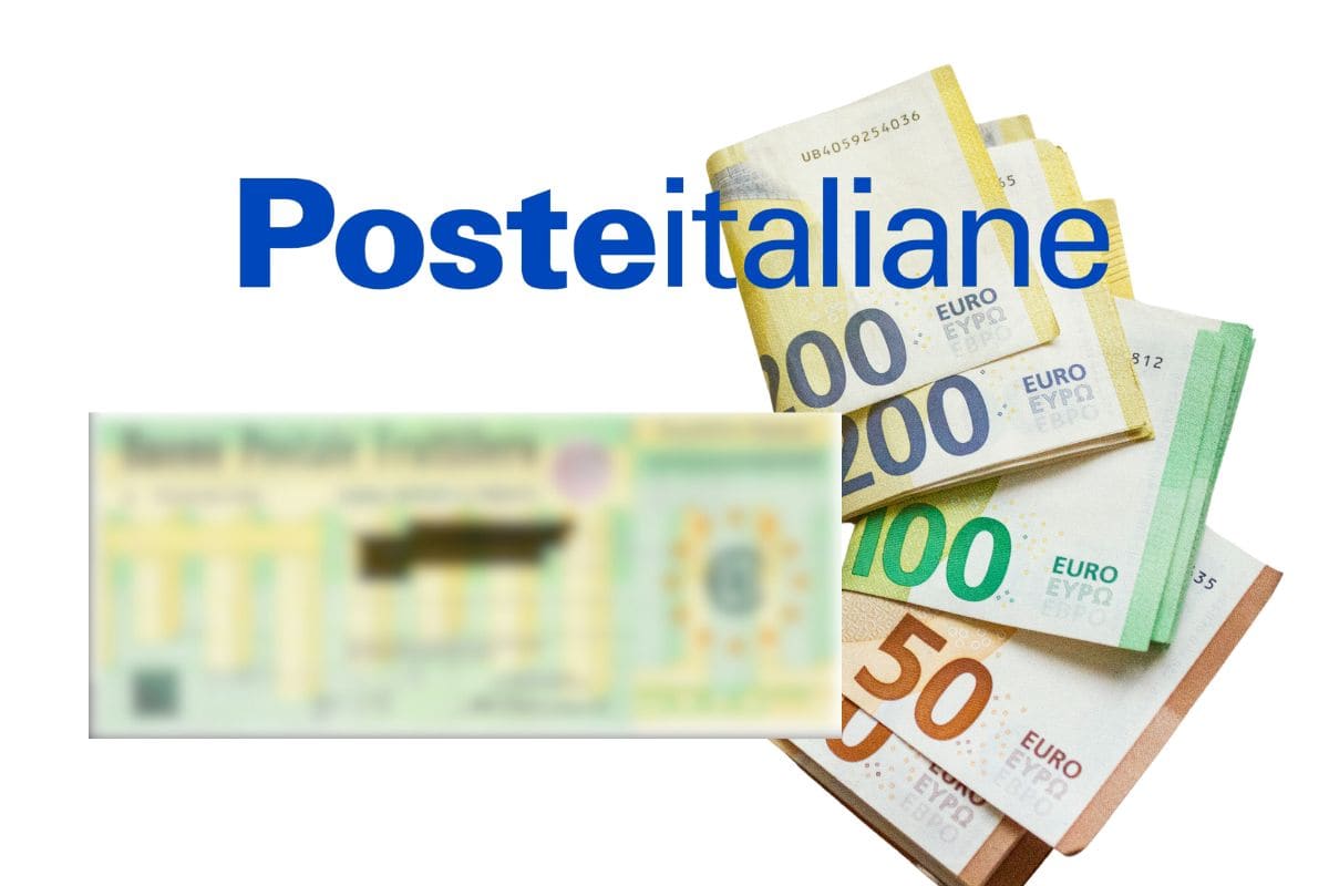 Scritta poste italiane, con banconote euro e un buono fruttifero sfocato